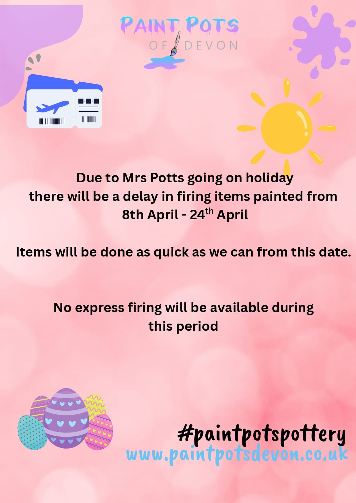 Easter themed pink background with pastel Easter eggs in the bottom left, a boarding pass illustration top left, a sun drawing on the right, and Paint Pots Of Devon branding
