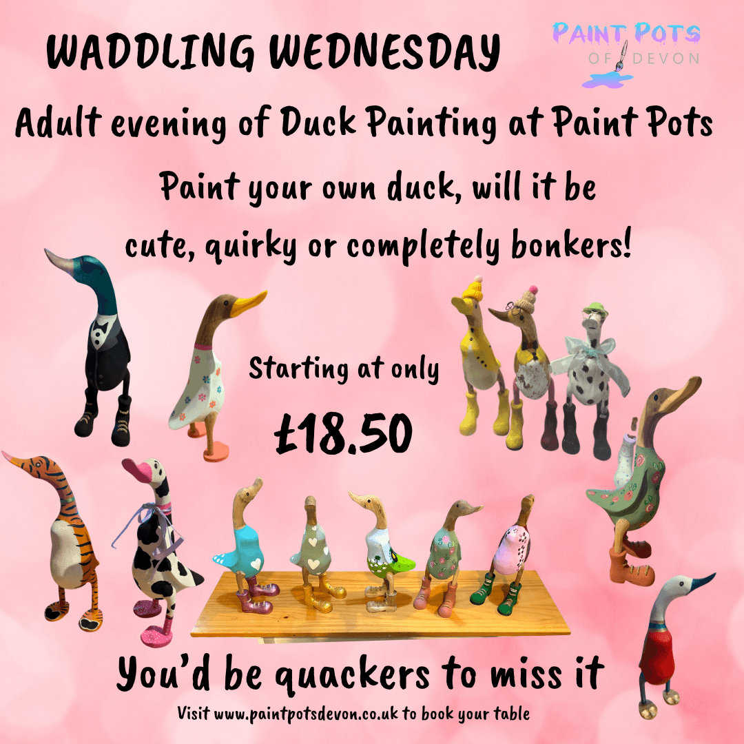 Waddling Wednesday announcement with duck painting activities, a lineup of painted ducks on a board, and price text starting at £18.50.