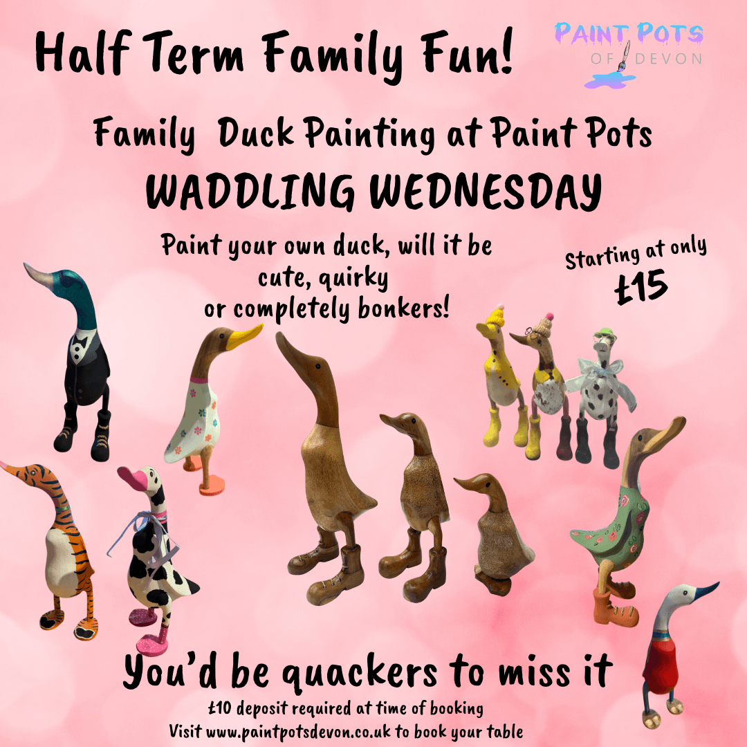Waddling Wednesday duck painting at Paint Pots Of Devon in Devon, with pink background, bold black lettering, and quirky decorated ducks.