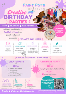 A colorful Paint Pots of Devon poster advertises creative birthday parties with party packages, what’s included, and pottery painting activities.