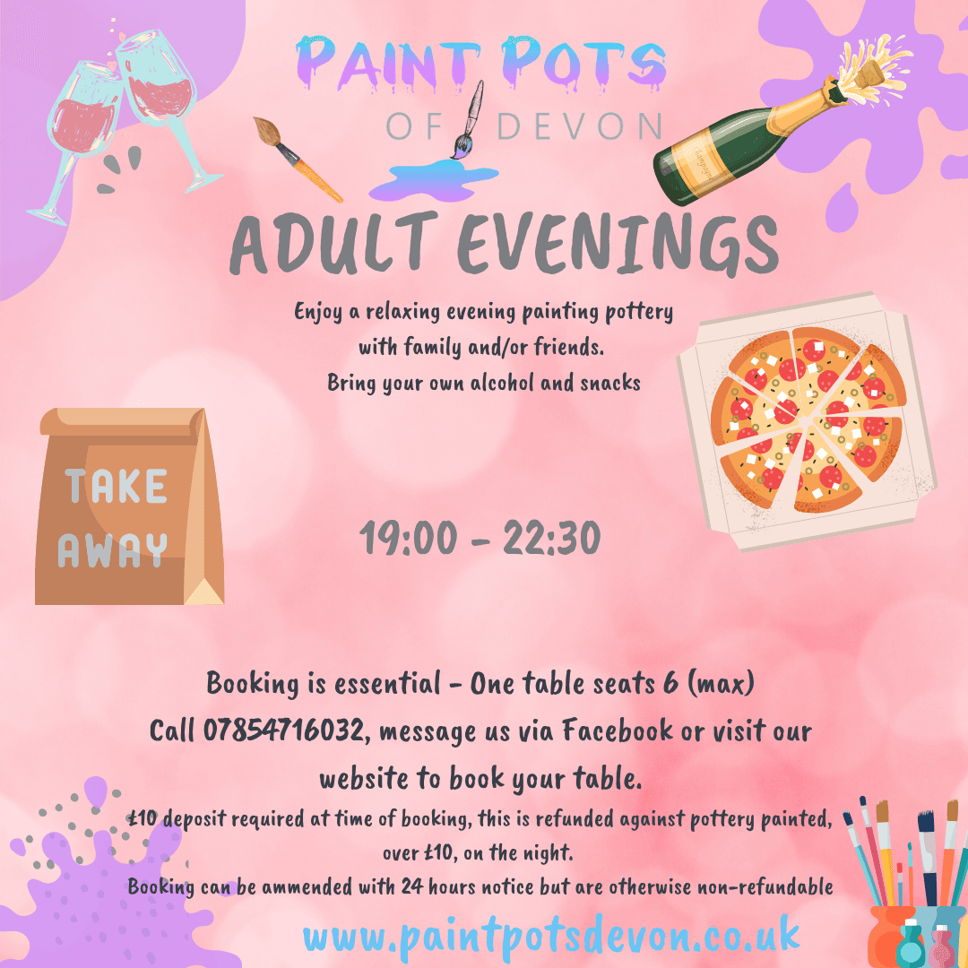 Pink event poster for Paint Pots Of Devon adult evenings with pottery painting, pizza, champagne, and booking details