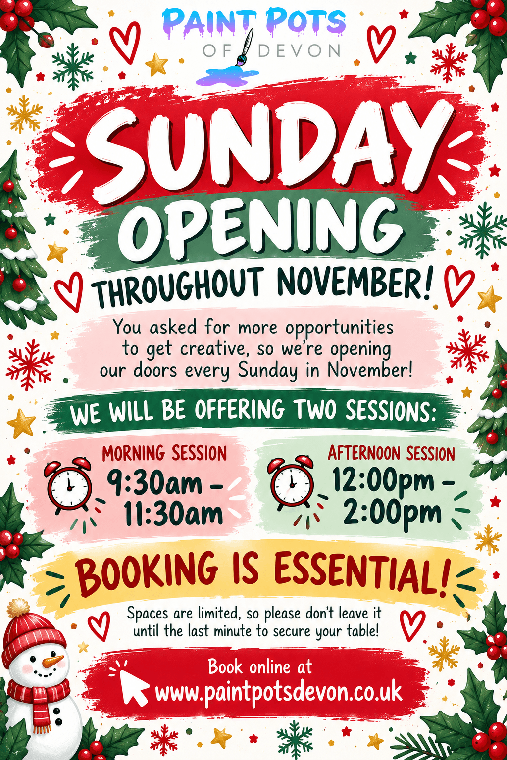 Paint Pots of Devon announces Sunday opening throughout November, with morning and afternoon sessions and booking essential.